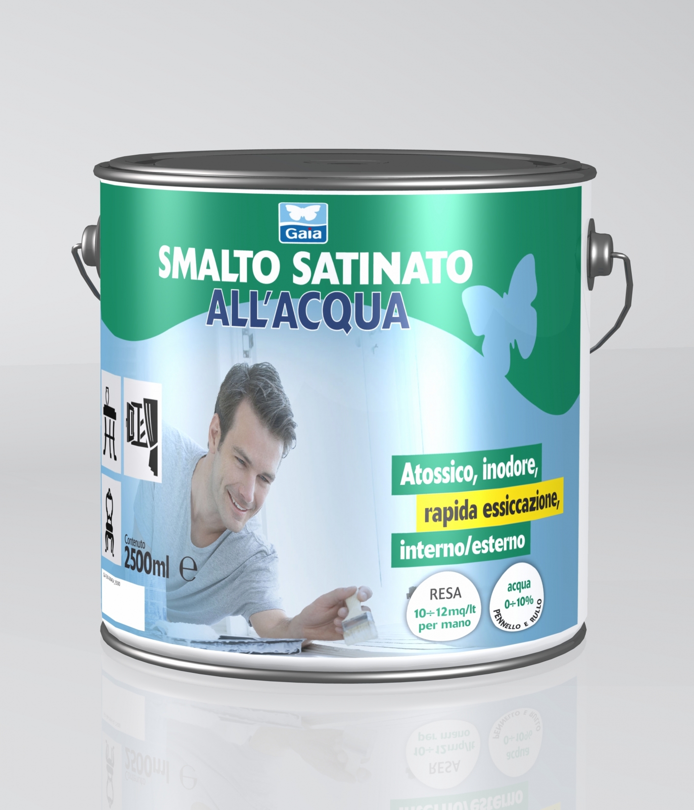 Smalto acqua kelix, pronto all'uso, indicato sia per interni che esterni,  inodore, aspetto satinato, resa 10 mq/lt, conf. 0,5 lt, colori assortiti